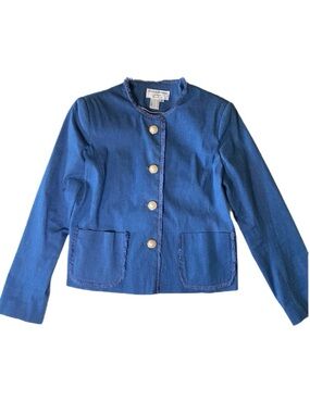 Helene Berman London Blue Collarless Tailored/Pearl Buttons/Fringe Size M